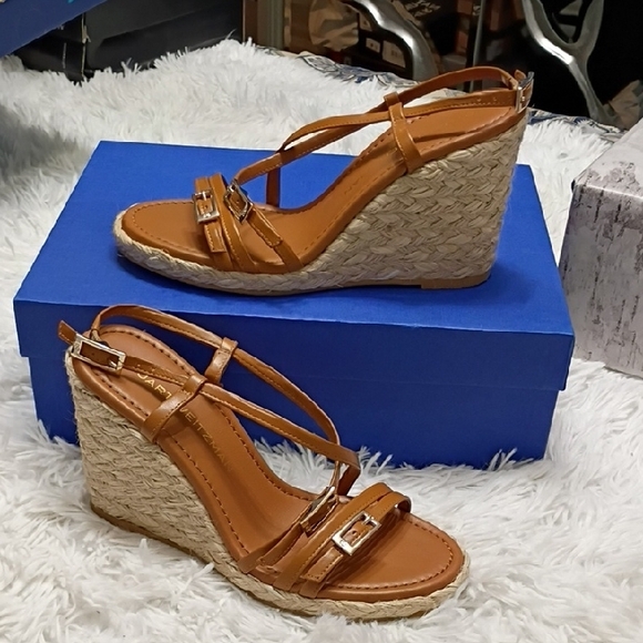 New Georgie Stuart Weitzman Tan Brown Wedge Espadrille Sandals SZ 6.5 - Picture 3 of 16